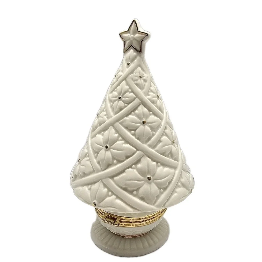 Ceramic Christmas Tree Hinged Trinket Box White Gold Stars‎ Holiday Decor 6 1/2